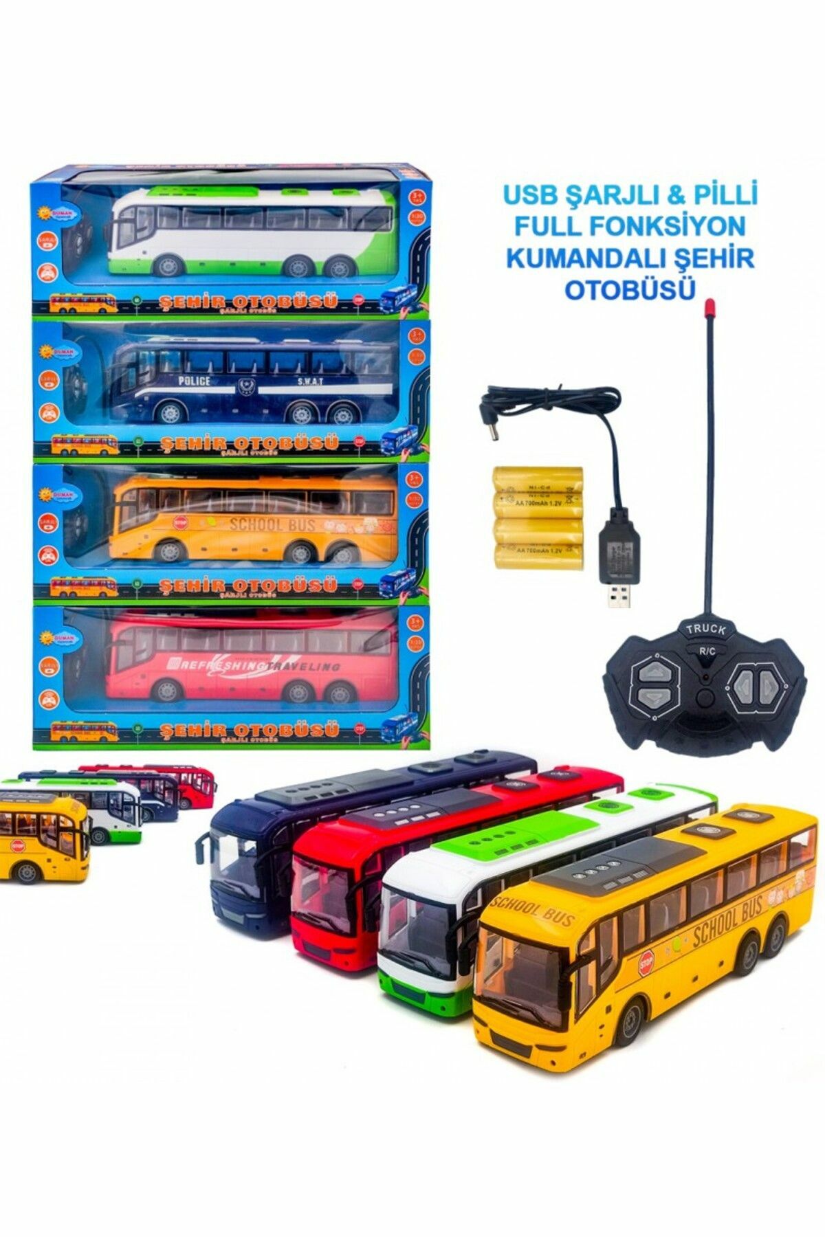 Uzaktan Kumandalı Şarjlı, Pilli Otobüs Oyuncak - Mavi Su Dünyası Sarı