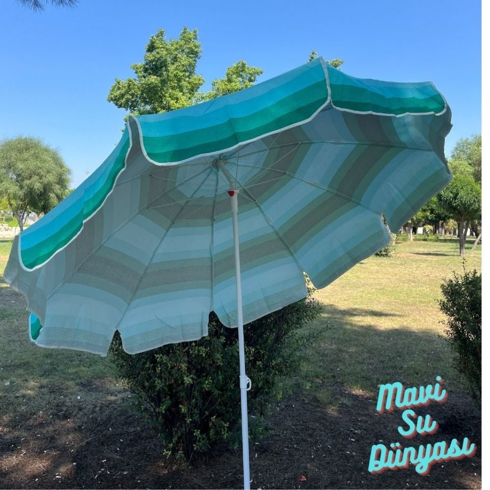 Plaj Deniz Balkon Şemsiyesi | Pamuk Kumaşlı Şemsiye | Eğilebilir | 2 Metre Şemsiye Bidon Dahil Şemsiye