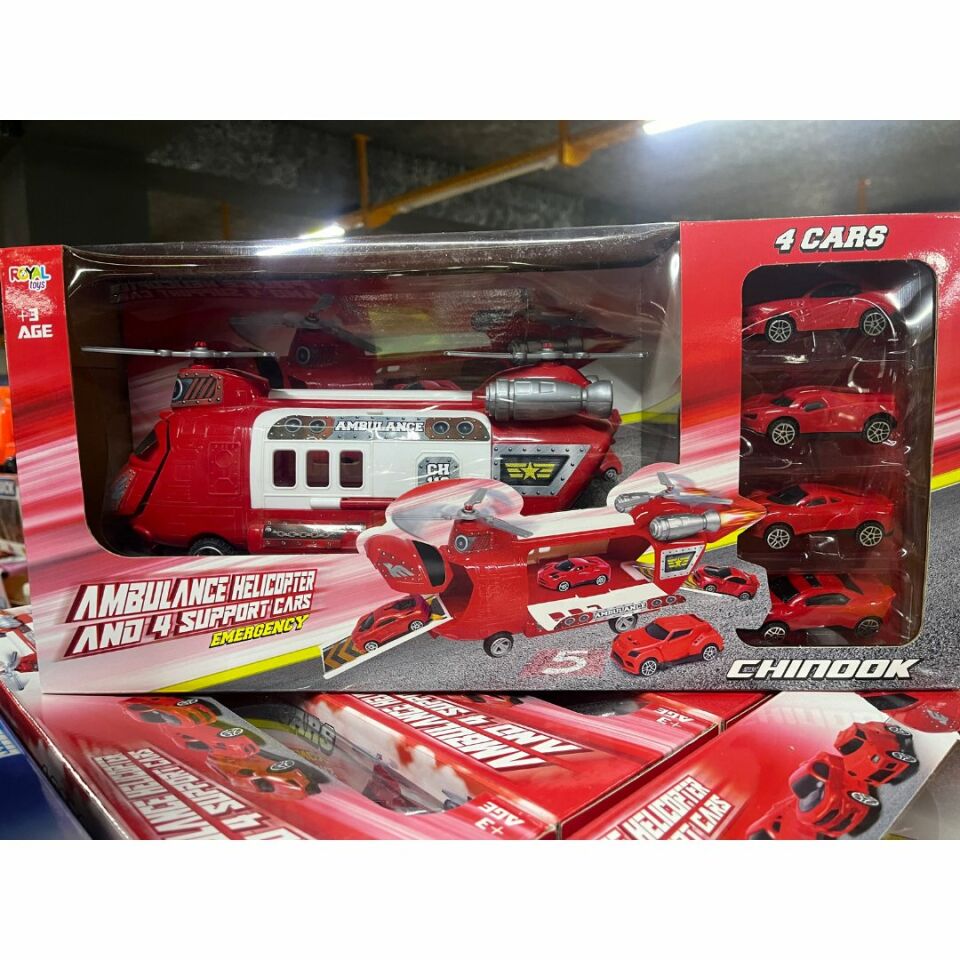 Kurtarıcı Helikopter Set ve 4 Ufak Araba - Mavi Su Dünyası Kırmızı