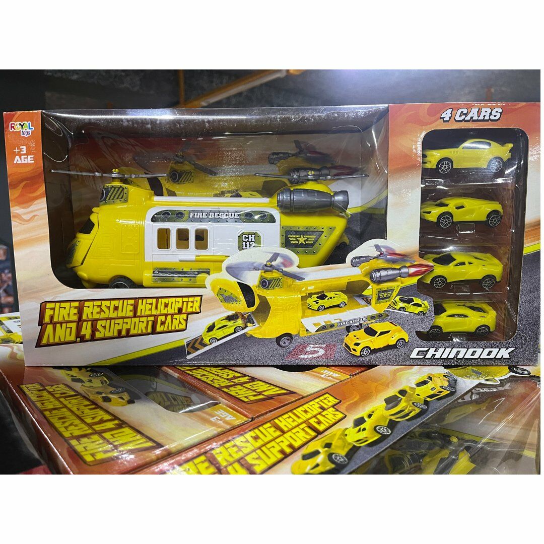 Kurtarıcı Helikopter Set ve 4 Ufak Araba - Mavi Su Dünyası Sarı