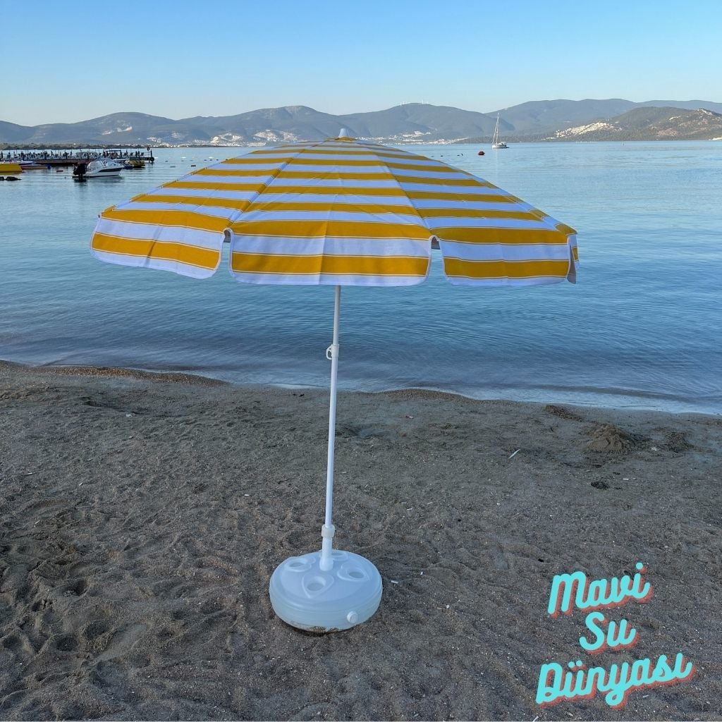 Plaj Deniz Balkon Şemsiyesi | Pamuk Kumaşlı Şemsiye | Eğilebilir | 2 Metre Şemsiye Bidon Dahil Şemsiye