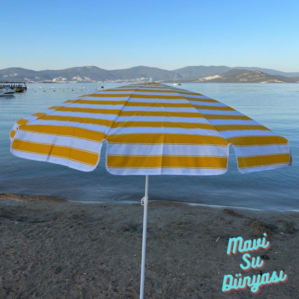 Plaj Deniz Balkon Şemsiyesi | Pamuk Kumaşlı Şemsiye | Eğilebilir | 2 Metre Şemsiye Bidon Dahil Şemsiye