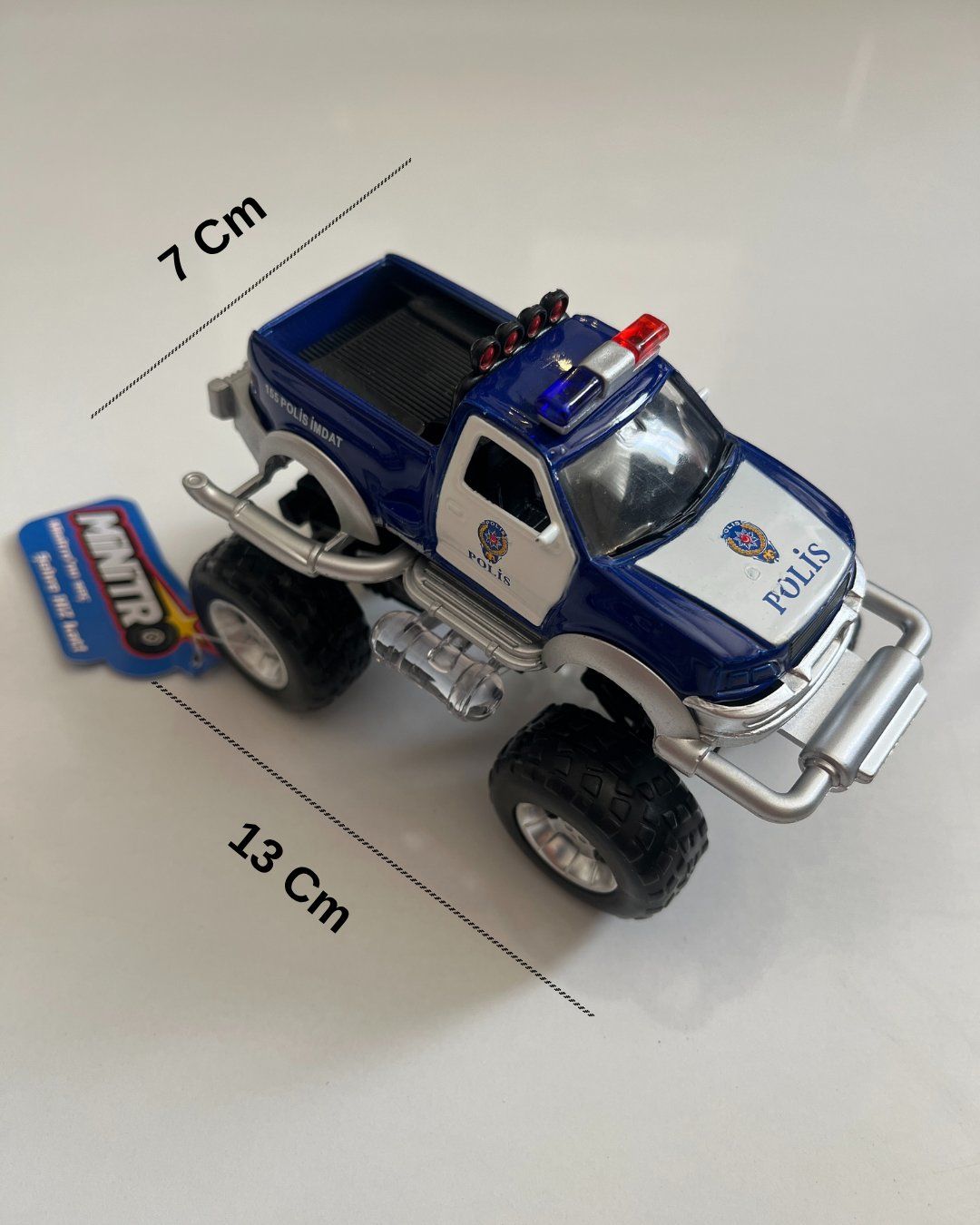 Metal Çek Bırak Sesli Canavar Polis Arabası 13x7x9 Cm Mavi