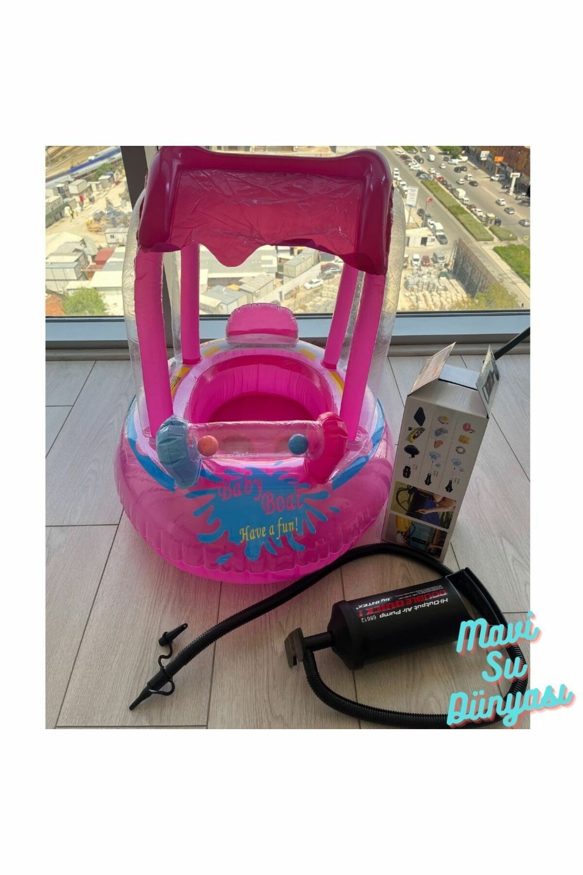 Pompa Dahil Gölgelikli Pembe Renk Unicorn, Deniz Simidi, Bebek Havuz Simidi, 0-4 Yaş 71cm