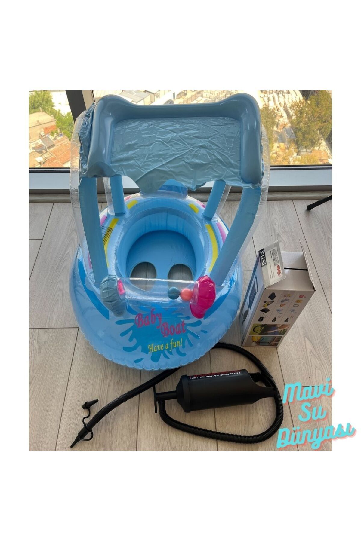 Pompa Dahil Gölgelikli Mavi Renk Bebek Deniz Simidi, Bebek Havuz Simidi, 0-3 Yaş 71cm*60cm