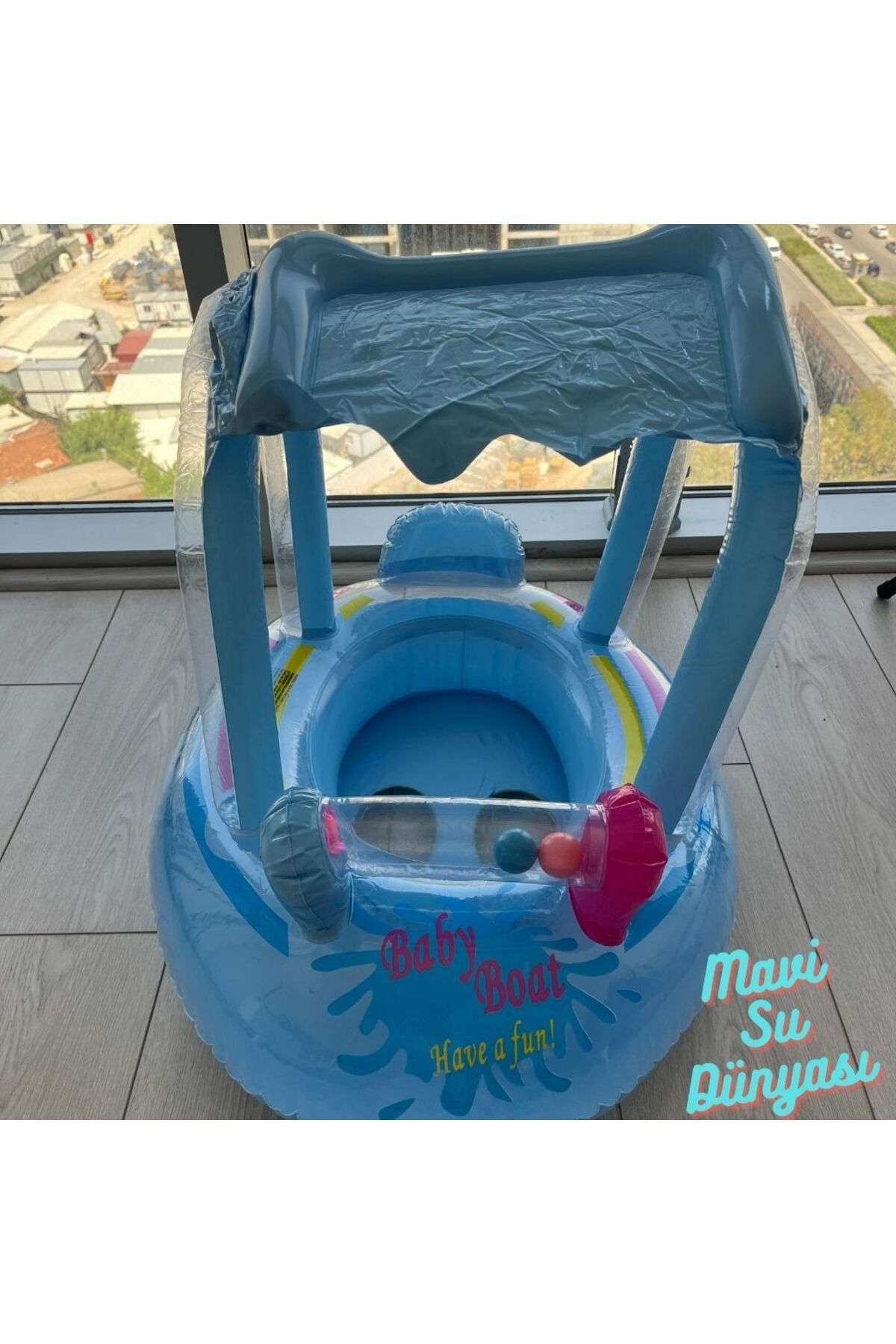 Gölgelikli Mavi Renk Bebek Deniz Simidi, Bebek Havuz Simidi, 0-3 Yaş 71cm*60cm