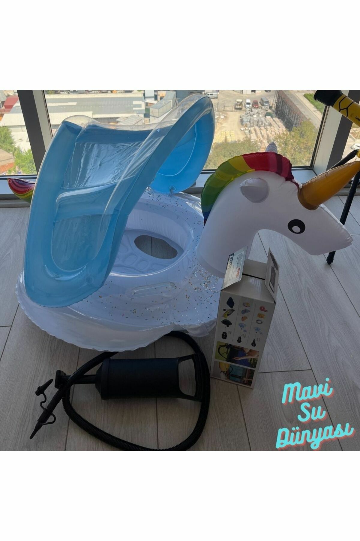 Pompa Dahil Gölgelikli Beyaz Renk Unicorn, Deniz Simidi, Bebek Havuz Simidi, 0-4 Yaş 85cm