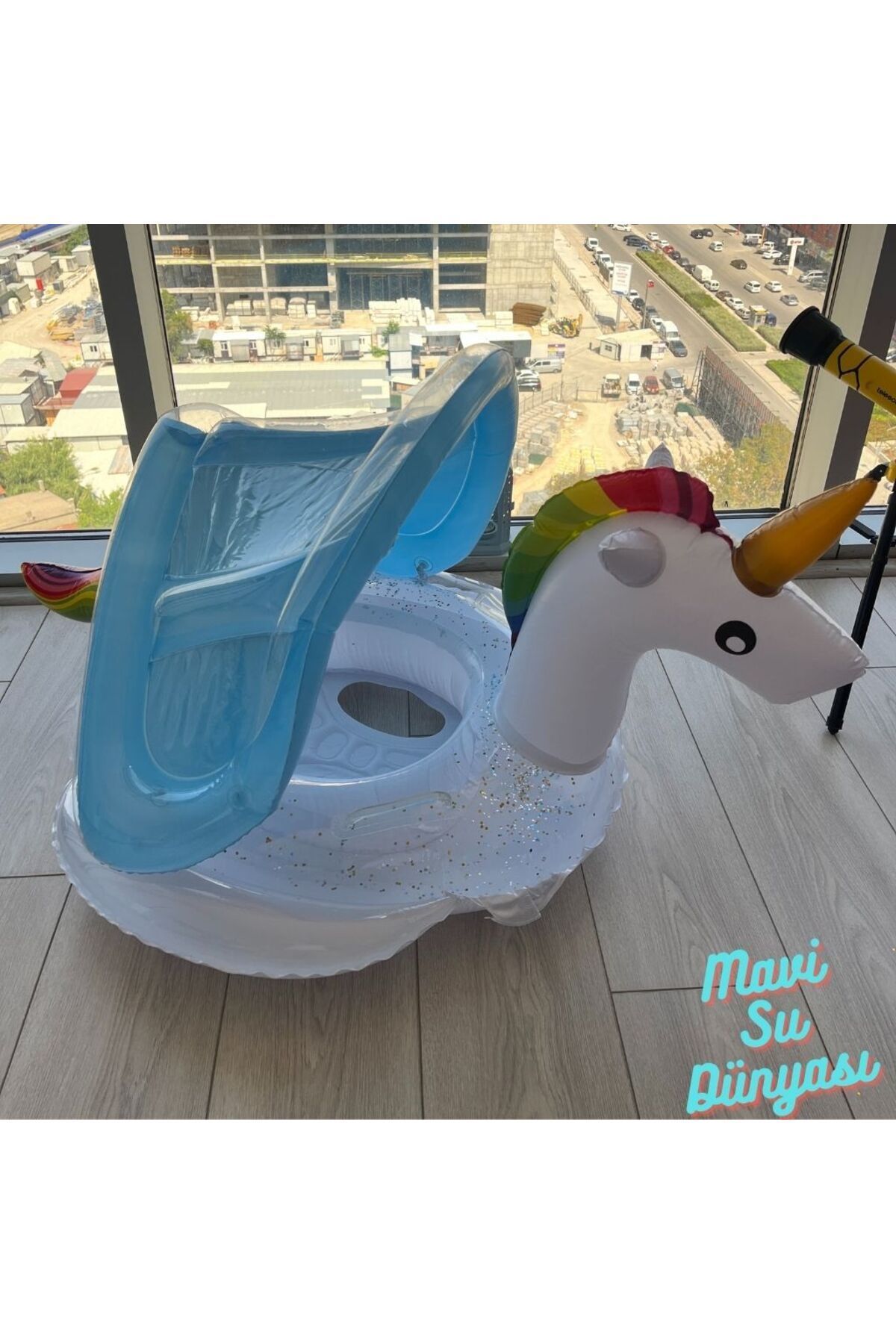 Gölgelikli Beyaz Renk Unicorn Bebek Deniz Simidi, Bebek Havuz Simidi, 0-4 Yaş 85cm
