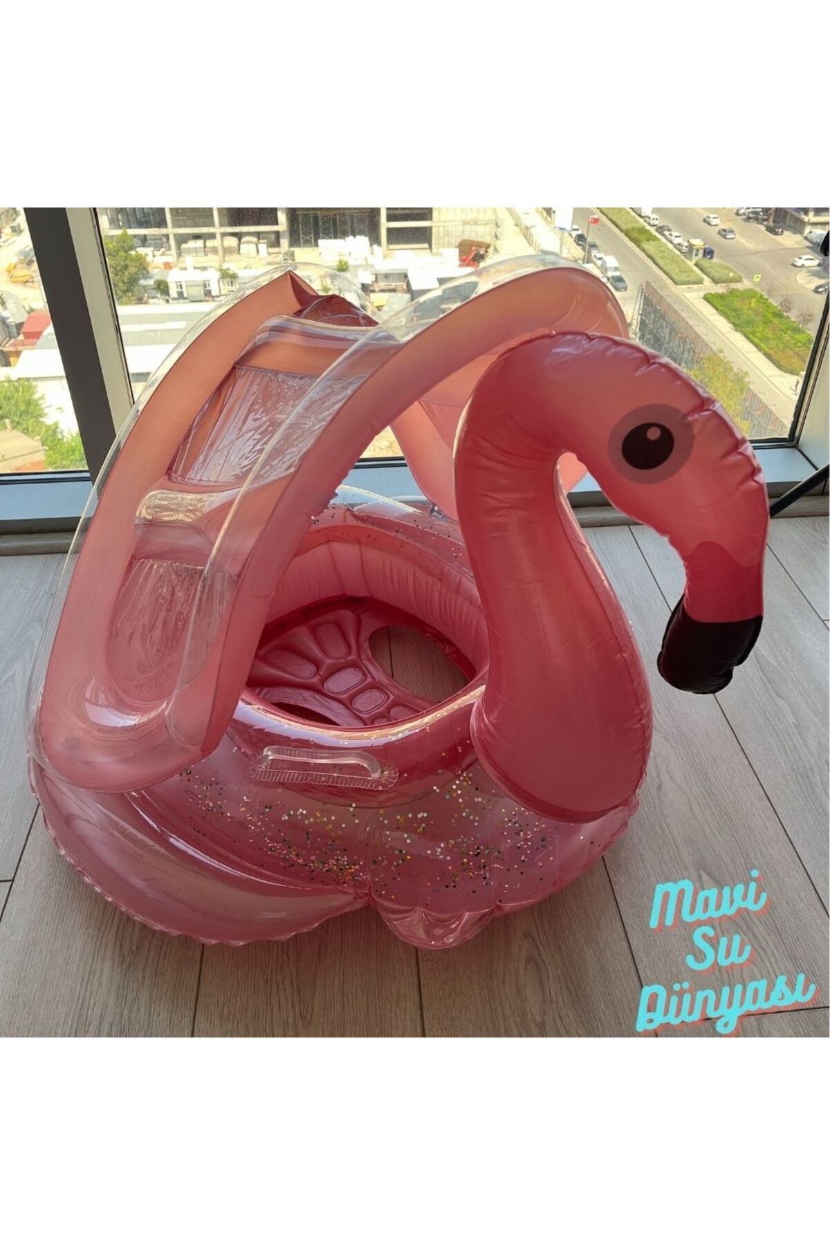 Gölgelikli Pembe Renk Flamingo Bebek Deniz Simidi, Bebek Havuz Simidi, 0-4 Yaş 85cm