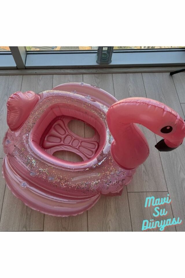 Gölgelikli Pembe Renk Flamingo Bebek Deniz Simidi, Bebek Havuz Simidi, 0-4 Yaş 85cm