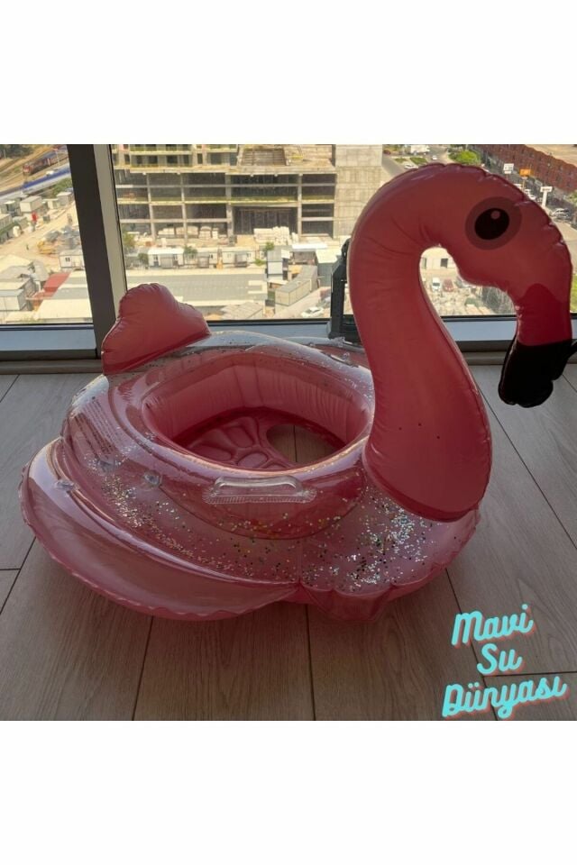 Gölgelikli Pembe Renk Flamingo Bebek Deniz Simidi, Bebek Havuz Simidi, 0-4 Yaş 85cm