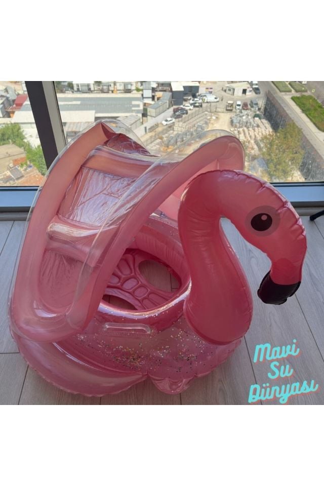 Gölgelikli Pembe Renk Flamingo Bebek Deniz Simidi, Bebek Havuz Simidi, 0-4 Yaş 85cm