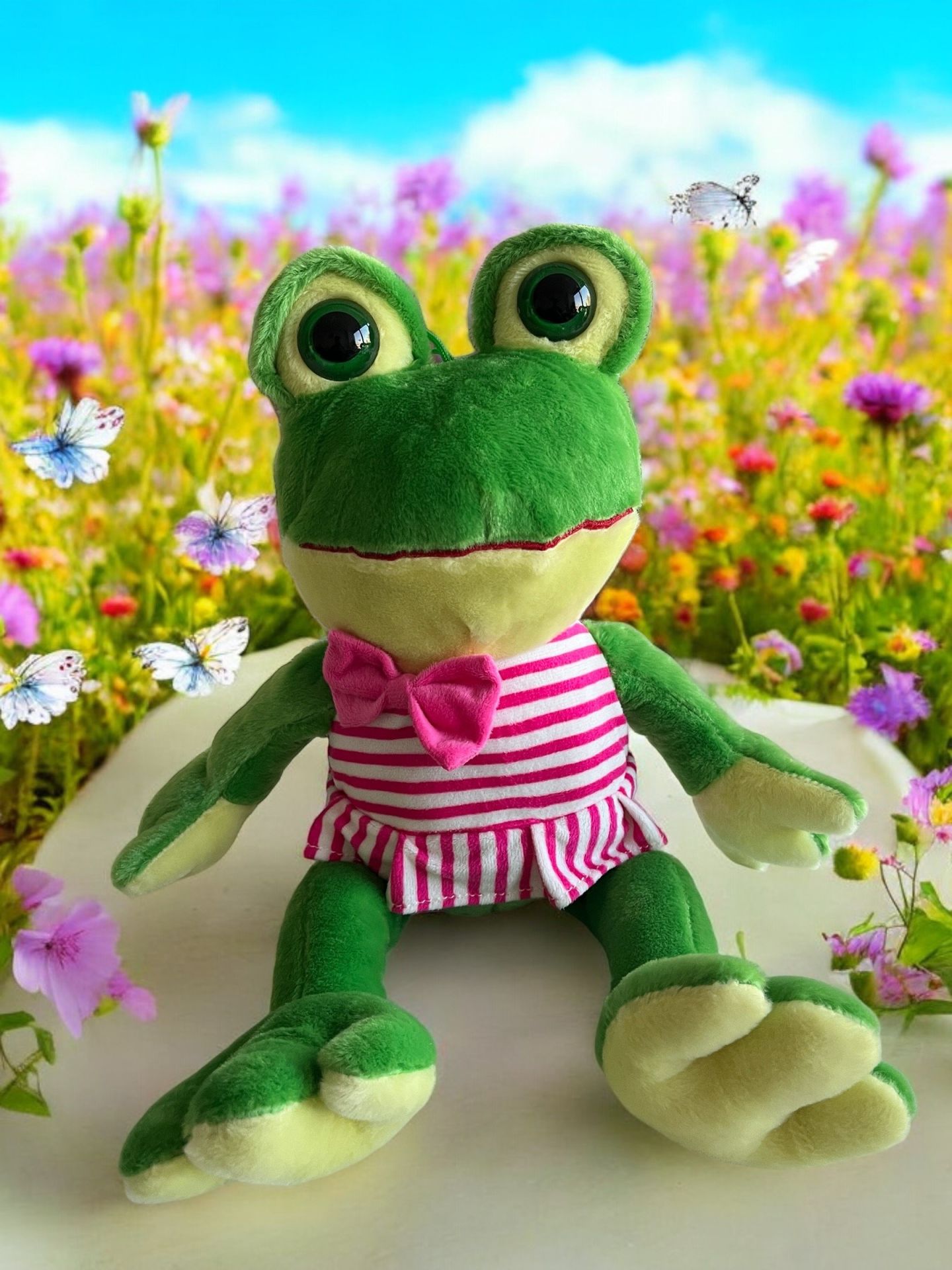 Peluş Papyonlu Kurbağa 40 Cm Pembe