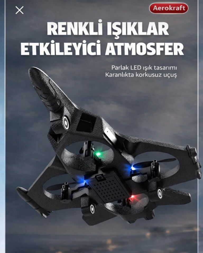 Uzaktan Kumandalı Uçak Dron Thunder Combat | 2.4Ghz 360 Derece Dönen | LED Işıklı | Otomatik İniş Kalkış Mavi